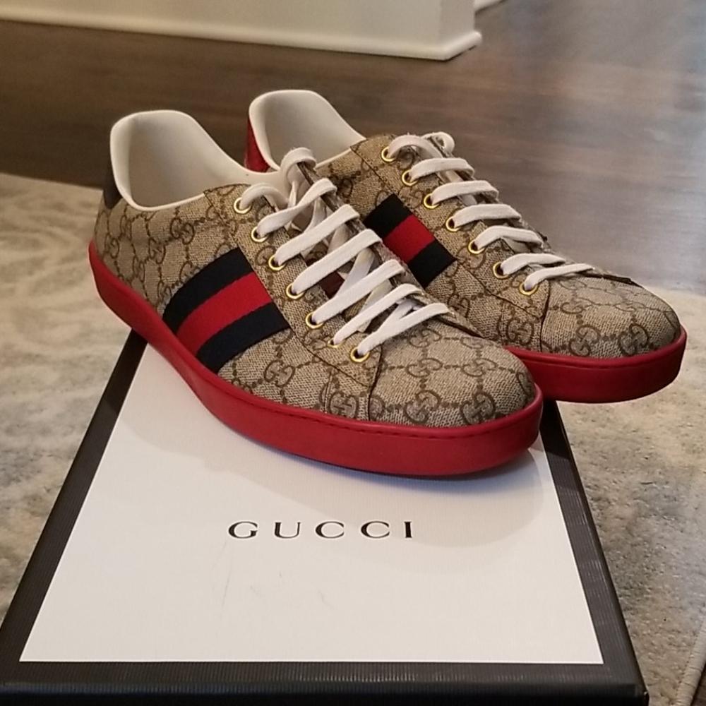 Gucci Mens New Ace Webbed Low Top Sneaker 9 1/2